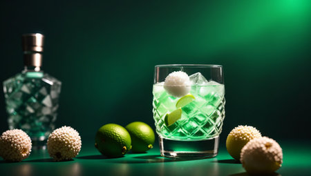 Cocktail with lime and ice in a glass on a green backgroundの素材