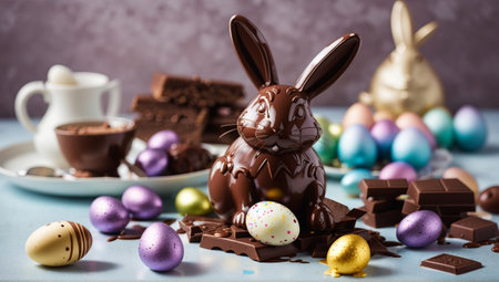 Easter chocolate bunny with chocolate eggs and chocolate sweets on blue backgroundの素材