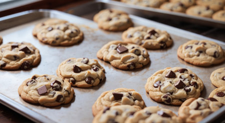 Chocolate chip cookies on a baking tray. Selective focus.の素材