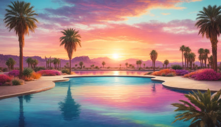 Swimming pool and palm trees at sunset. 3d rendering.の素材