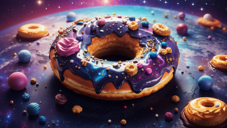 Donut on the background of the planet. 3d illustration.の素材