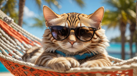 Bengal cat with sunglasses lying in hammock on tropical beachの素材