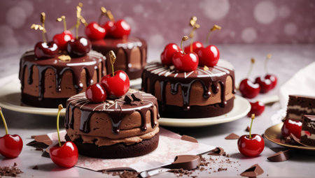 Chocolate cake with cherries on a gray background. Selective focus.の素材