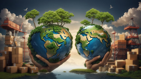 Hands holding the earth with natural landscape background. Eco concept.の素材