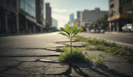 Green sprout growing from crack in the middle of the road.の素材