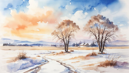 Winter landscape with trees, road and clouds. Digital watercolor painting.の素材