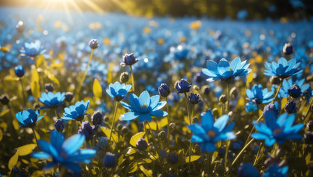 Blue flowers on a meadow in the rays of the setting sunの素材