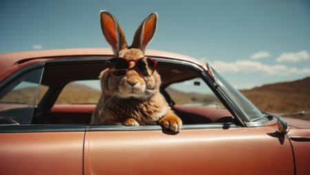 Rabbit with sunglasses sitting in the car on the background of mountainsの素材