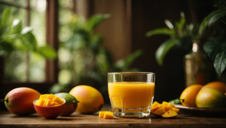 Mango juice in a glass and fresh mango fruits on wooden tableの素材