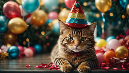 Cute cat wearing a colorful hat on the background of the Christmas tree.の素材