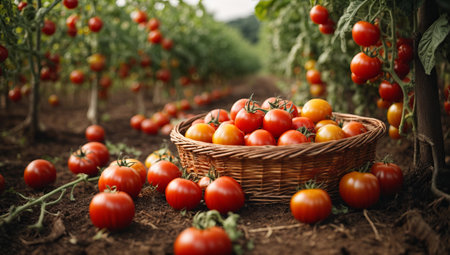 Ripe red tomatoes in a wicker basket on a field.の素材