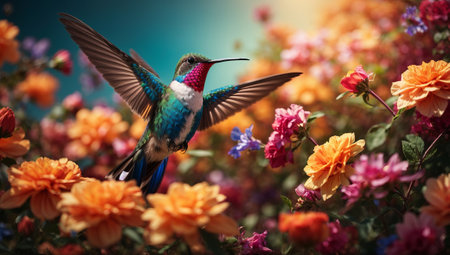 White-throated Hummingbird (archilochus colubris) in flight with colorful flowers in backgroundの素材