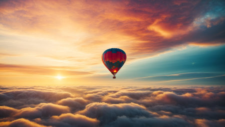 Hot air balloon flying over the clouds at sunset. Colorful landscapeの素材