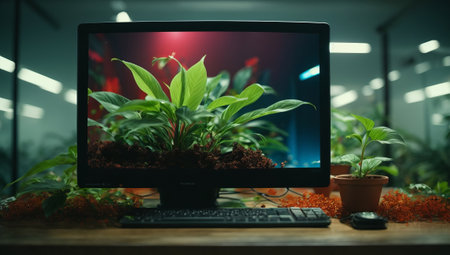 Computer in the office with green plants in the pot on the deskの素材