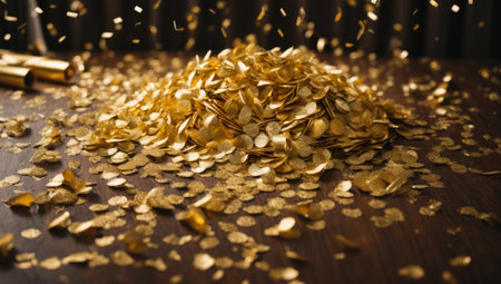 Golden confetti on a wooden table. Golden confetti on a wooden background.の素材
