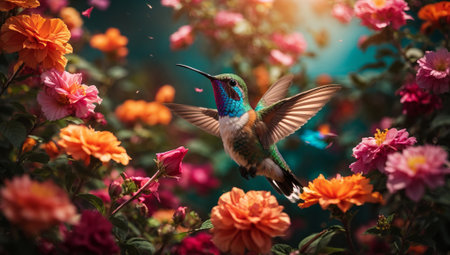 Hummingbird in flight with colorful flowers in background. Wildlife scene from tropic nature. Hummingbird in flight with flowers in background.の素材