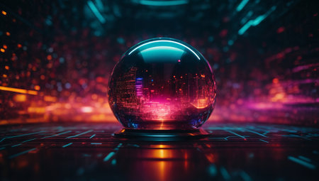 3d illustration of crystal ball with reflection on dark background. Futuristic interface.の素材
