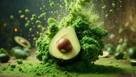 Avocado with green powder on wooden background. Healthy food concept.の素材