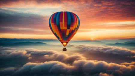 Colorful hot air balloon flying over the clouds at sunset time.の素材