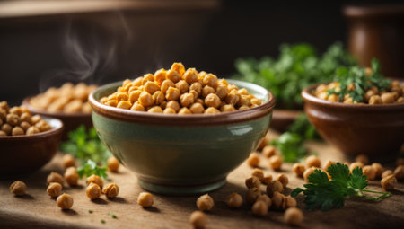 Roasted chickpeas in bowls on wooden table, closeupの素材