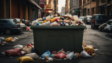 Trash can full of garbage on the street in the city.の素材