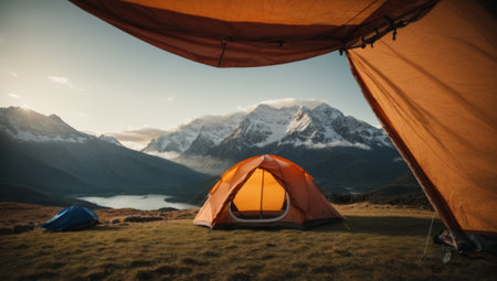 Camping tent in the mountains at sunset. Camping in the mountainsの素材