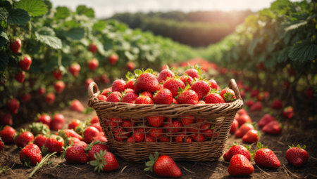 Ripe strawberries in a wicker basket on a strawberry field.の素材