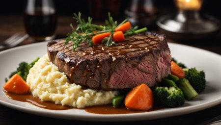 Grilled beef steak with mashed potatoes and vegetables on a plate.の素材