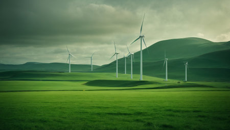 Wind turbines on a green meadow in the mountains under a cloudy skyの素材