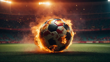 Soccer ball on the field during the match. Fire effect.の素材