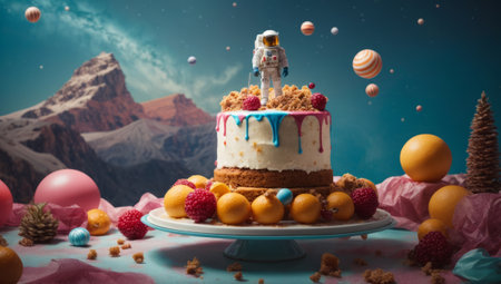 Fruit cake with astronaut on the background of the planet earth.の素材