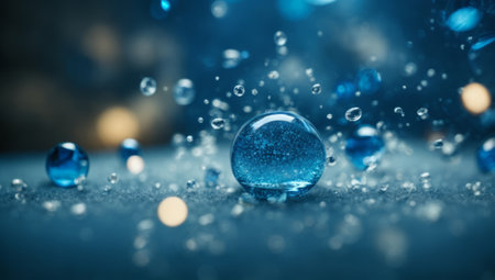 Blue water drops with bokeh effect. 3D rendering.の素材