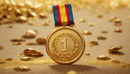 Gold medal with tricolor ribbon on a gold background with confettiの素材