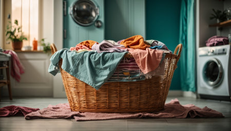 Wicker basket with washed clothes on the floor in the laundry roomの素材