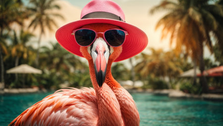 Flamingo wearing a pink hat and sunglasses on a tropical backgroundの素材