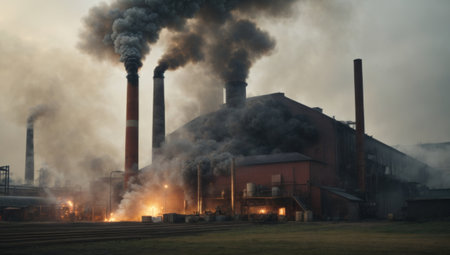 Factory chimneys with smoke in the evening. Industrial landscape. Heavy industryの素材