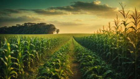 Corn field at sunset with trees in the background. Landscape.の素材