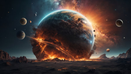 Cosmic landscape with planets, stars and galaxies. 3d renderingの素材