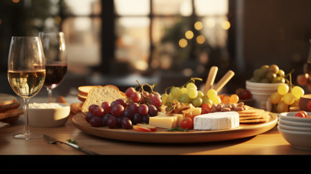 Cheese platter with grapes and wine on wooden table in restaurantの素材