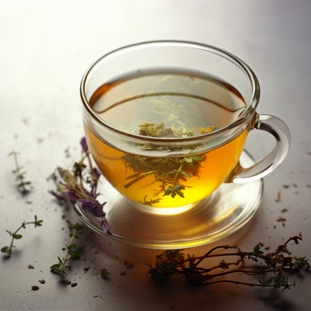 Herbal tea in a glass cup with fresh herbs on a dark backgroundの素材