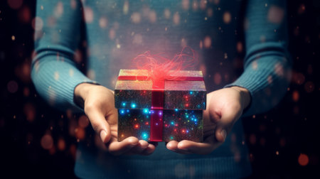 Close up of woman holding gift box with light beam coming out of itの素材