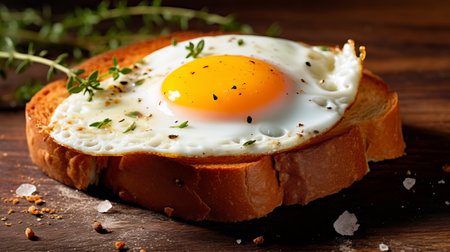 Fried egg on toast with thyme and salt on wooden backgroundの素材