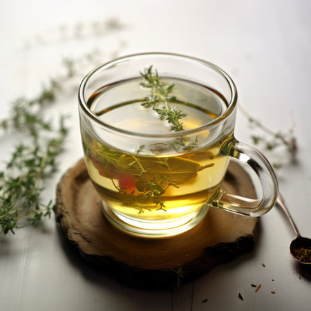 Herbal tea with thyme on a wooden background. Selective focus.の素材