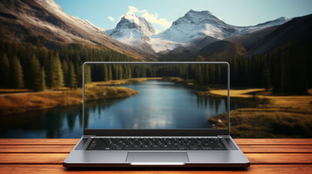 Laptop against lake in the forest on a wooden table with mountainsの素材