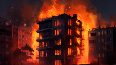 Burning building in the city at night. Conceptual illustration.の素材