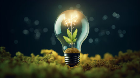 Conceptual image with a green plant growing inside of a light bulbの素材