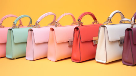 Row of women's leather handbags on yellow background, fashion conceptの素材