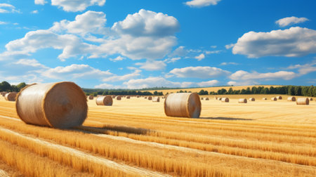 Straw bales in a wheat field with blue sky and cloudsの素材