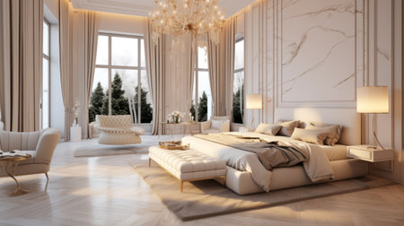 3d rendering luxury bedroom and living room with christmas tree in backgroundの素材