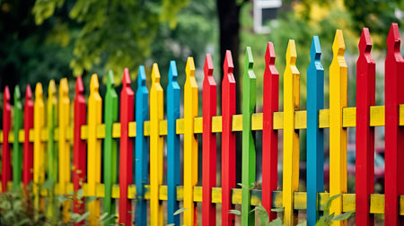 Colorful wooden fence in the garden. Selective focus on the fence.の素材